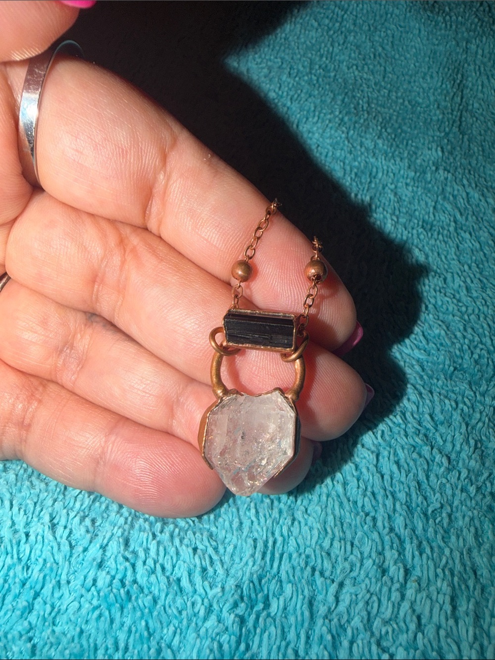 Raw Herkimer Pendant Necklace with black tourmaline chip on top.